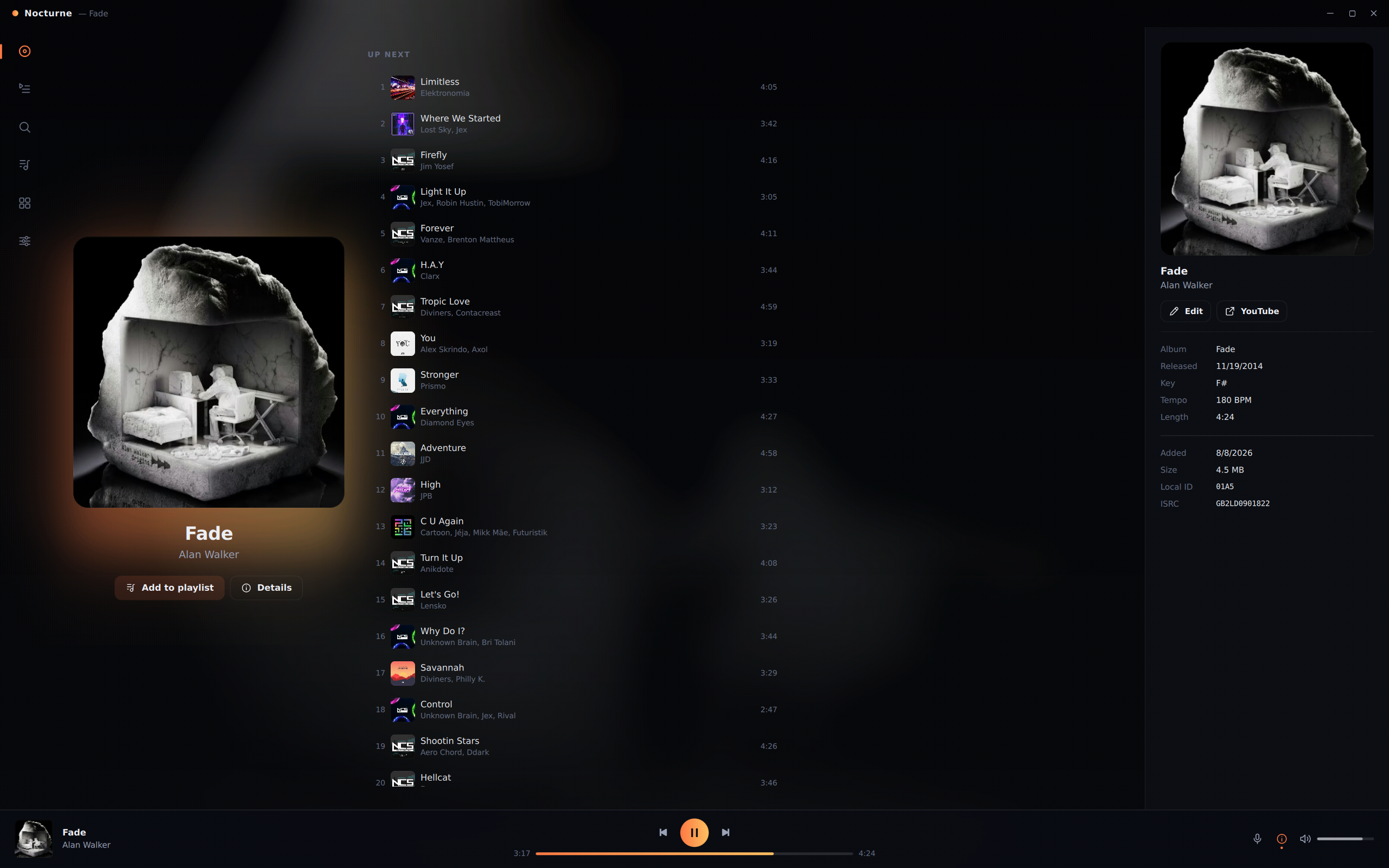 Kroma Player running the Nocturne interface, showing the now playing view with album artwork