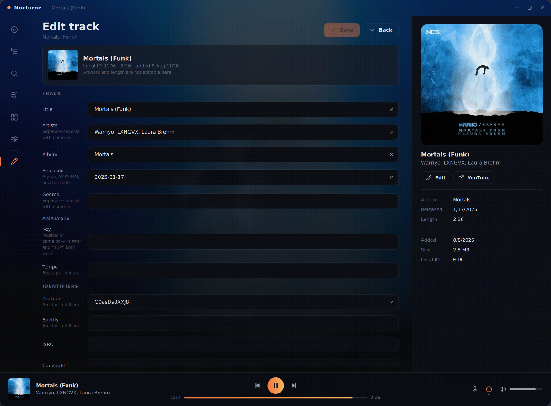 Editing a track's metadata, with artwork, BPM and key fields